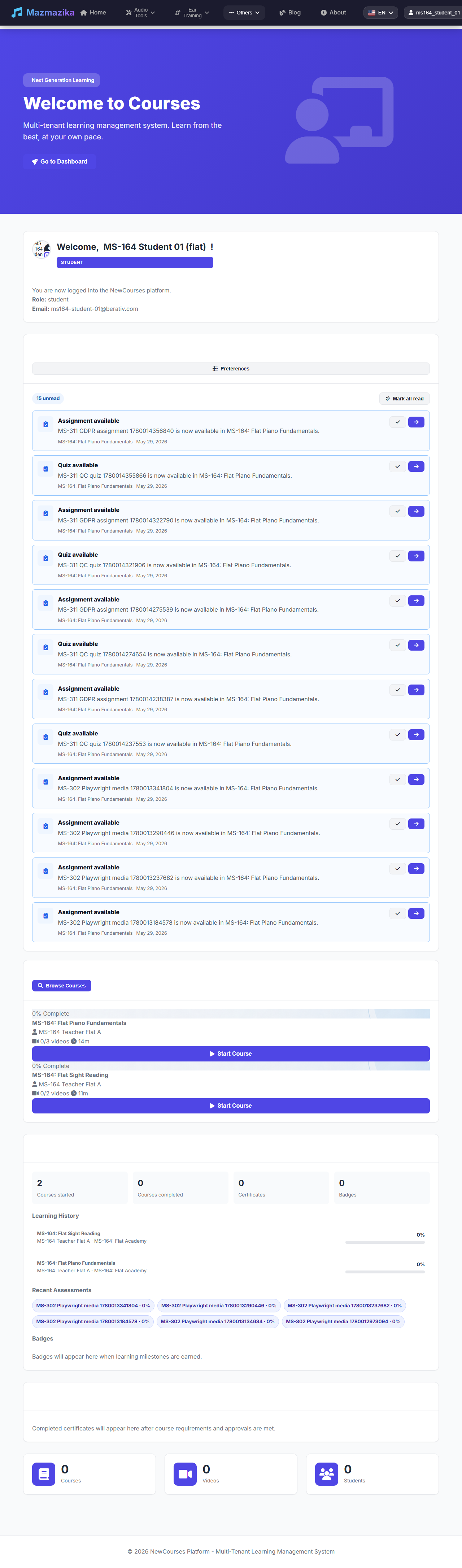 The student 'My Learning' dashboard: welcome card, announcements list, enrolled courses with progress and Start Course buttons, and stats for courses, certificates and badges.
