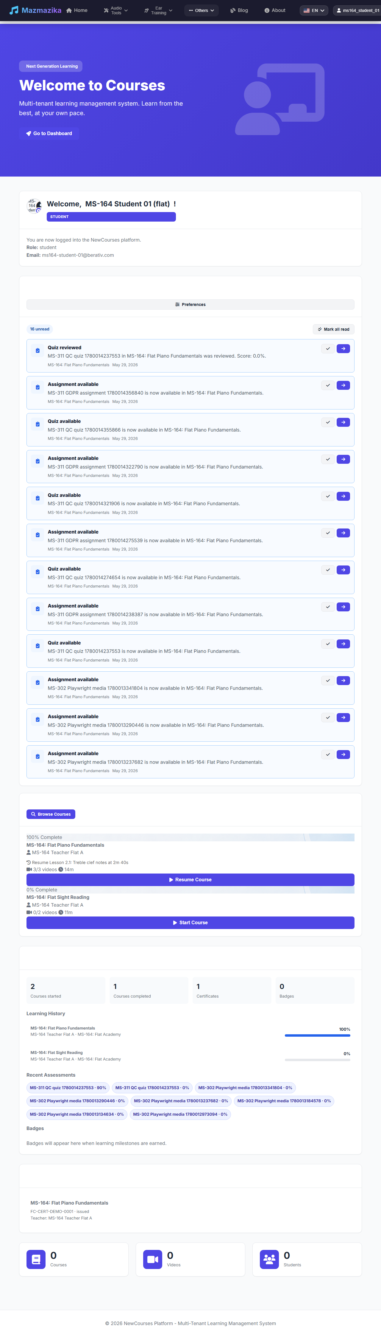 The student dashboard after completing a course: counters showing 1 course completed and 1 certificate, and a Learning History list with a 100% progress bar on the finished course.