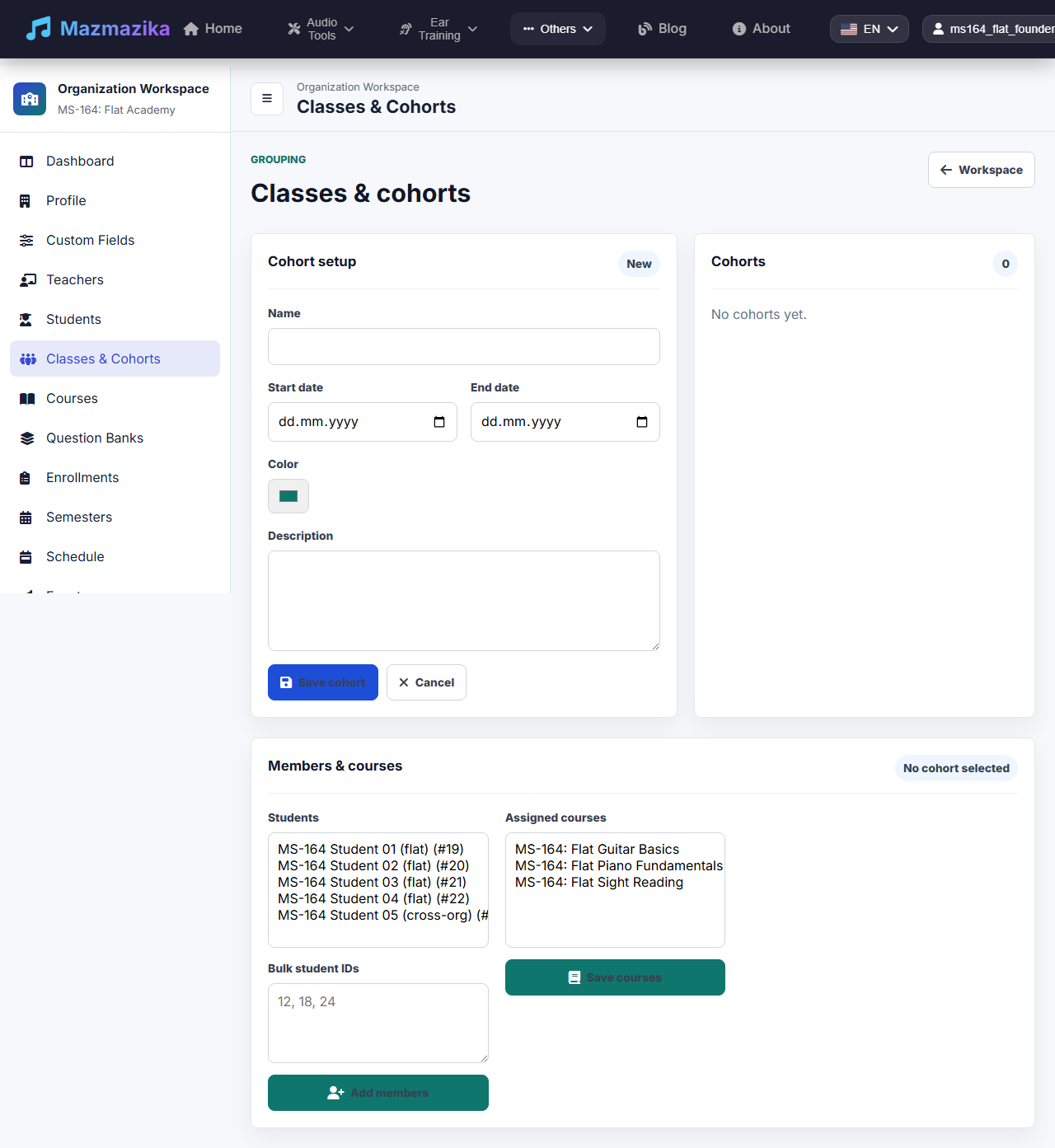 The organization Classes & Cohorts page: a cohort setup form (name, start/end dates, colour, description), the cohorts list, and a members-and-courses panel for assigning students and courses to a cohort.