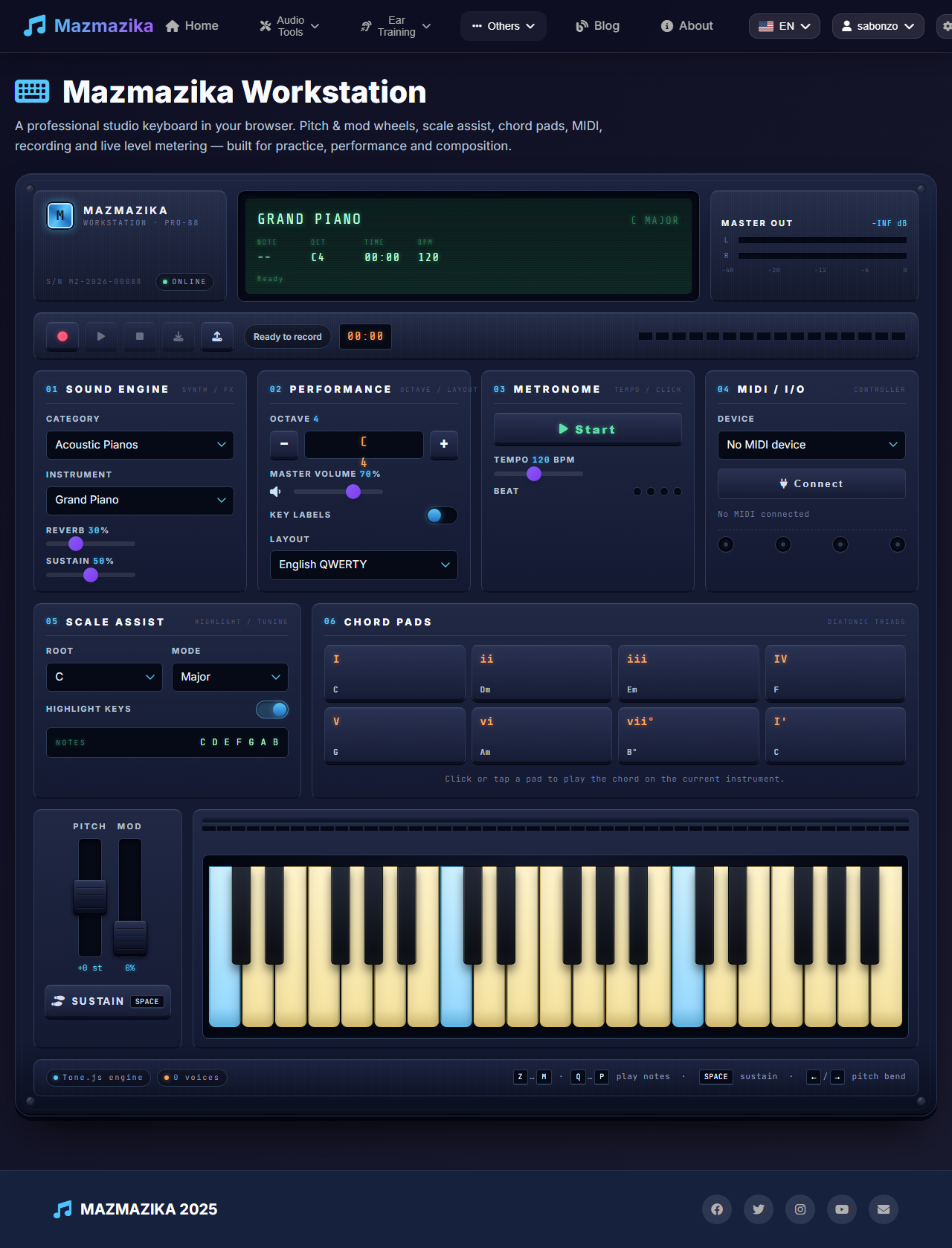 The Mazmazika Workstation virtual piano: LCD display and level meters, transport bar, Sound Engine / Performance / Metronome / MIDI modules, Scale Assist, Chord Pads, and the keyboard with pitch and mod wheels.