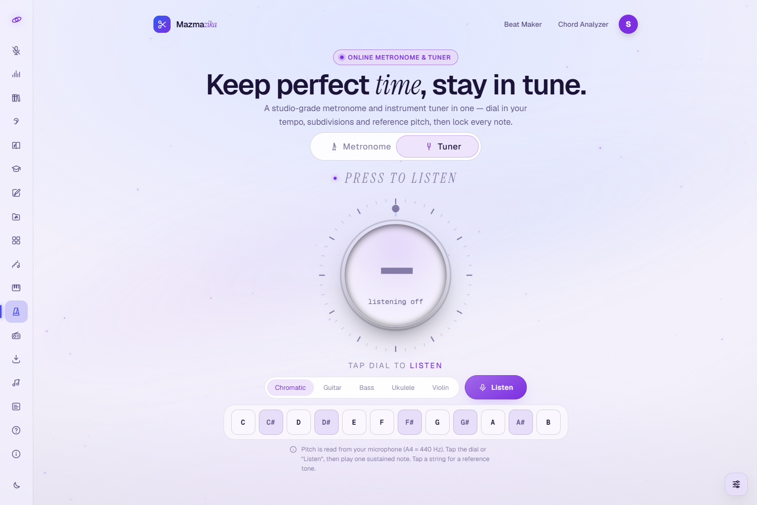 The Tuner: a circular pitch gauge reading 'press to listen', an instrument selector, a Listen button, and a row of tappable string keys (E A D G B E) that play reference tones.