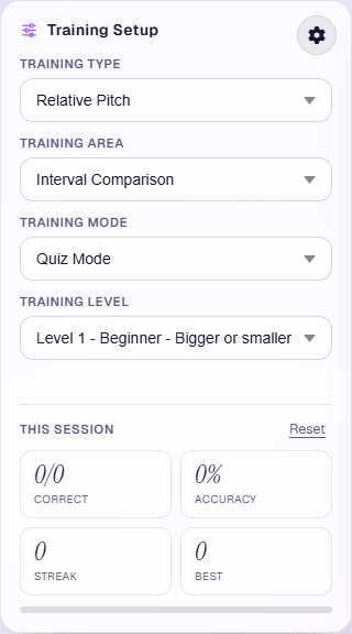The Training Setup card: dropdowns for Training Type (Relative Pitch), Training Area (Interval Comparison), Training Mode (Quiz Mode) and Training Level, a settings gear, and a 'This Session' read-out of correct, accuracy, streak and best.