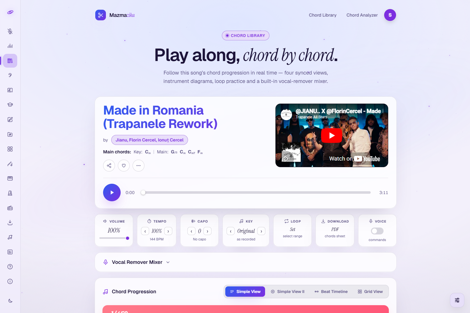 An interactive song page titled 'Play along, chord by chord': the song title, key and main chords, an embedded video player, a toolbar (Volume, Tempo, Capo, Key, Loop, Download), a Vocal Remover Mixer section, and the Chord Progression with Simple View, Simple View II, Beat Timeline and Grid View tabs.