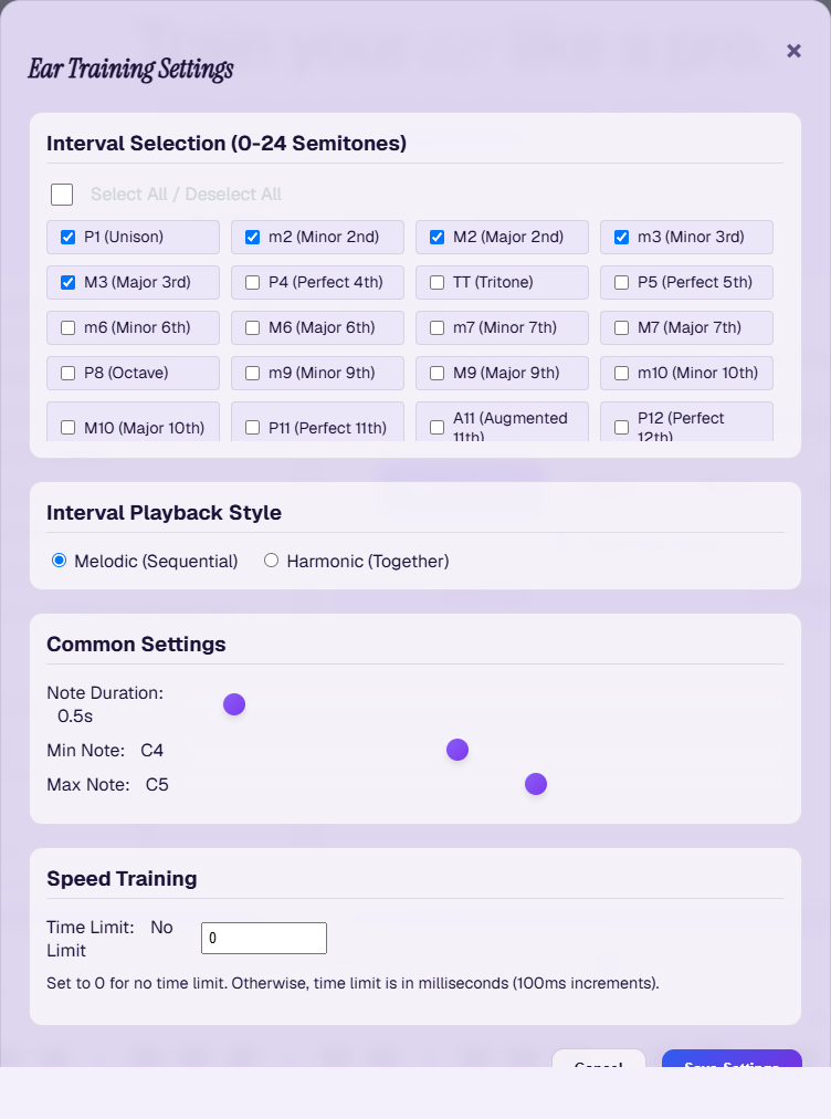 The Ear Training Settings dialog: an Interval Selection checklist (0–24 semitones), an Interval Playback Style choice (Melodic or Harmonic), Common Settings sliders (note duration, min/max note), and a Speed Training time limit.