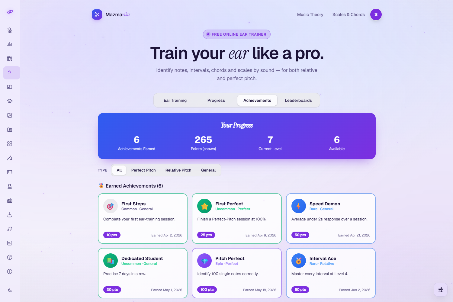 The Achievements tab: a 'Your Progress' banner with achievements earned, points and level, followed by a grid of earned achievement cards (First Steps, First Perfect, Speed Demon and more).