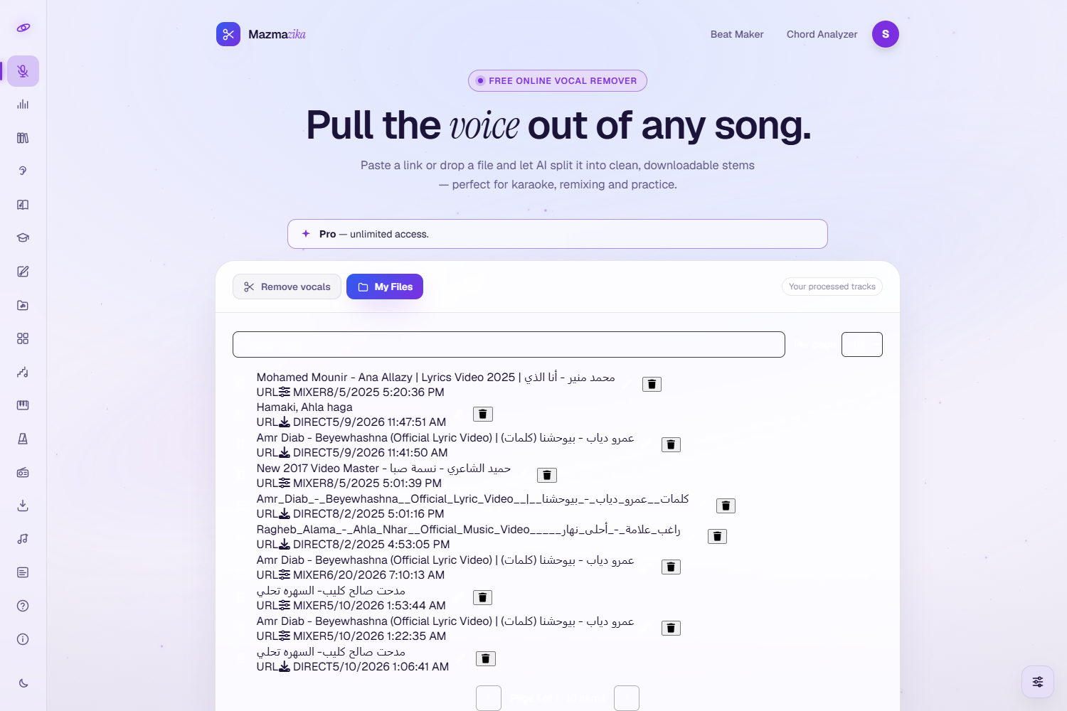 The My Files tab listing previously processed songs, each with its source, a MIXER or DIRECT badge and a date, plus actions to open, rename and delete.