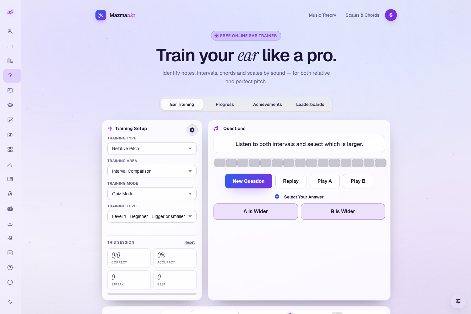 The Ear Training trainer: a tab bar (Ear Training, Progress, Achievements, Leaderboards), a Training Setup card with Training Type, Area, Mode and Level, a Questions panel with New Question / Replay / Play A / Play B buttons and answer choices, and a piano keyboard with Instrument, Volume, Show Keys and Connect MIDI controls.