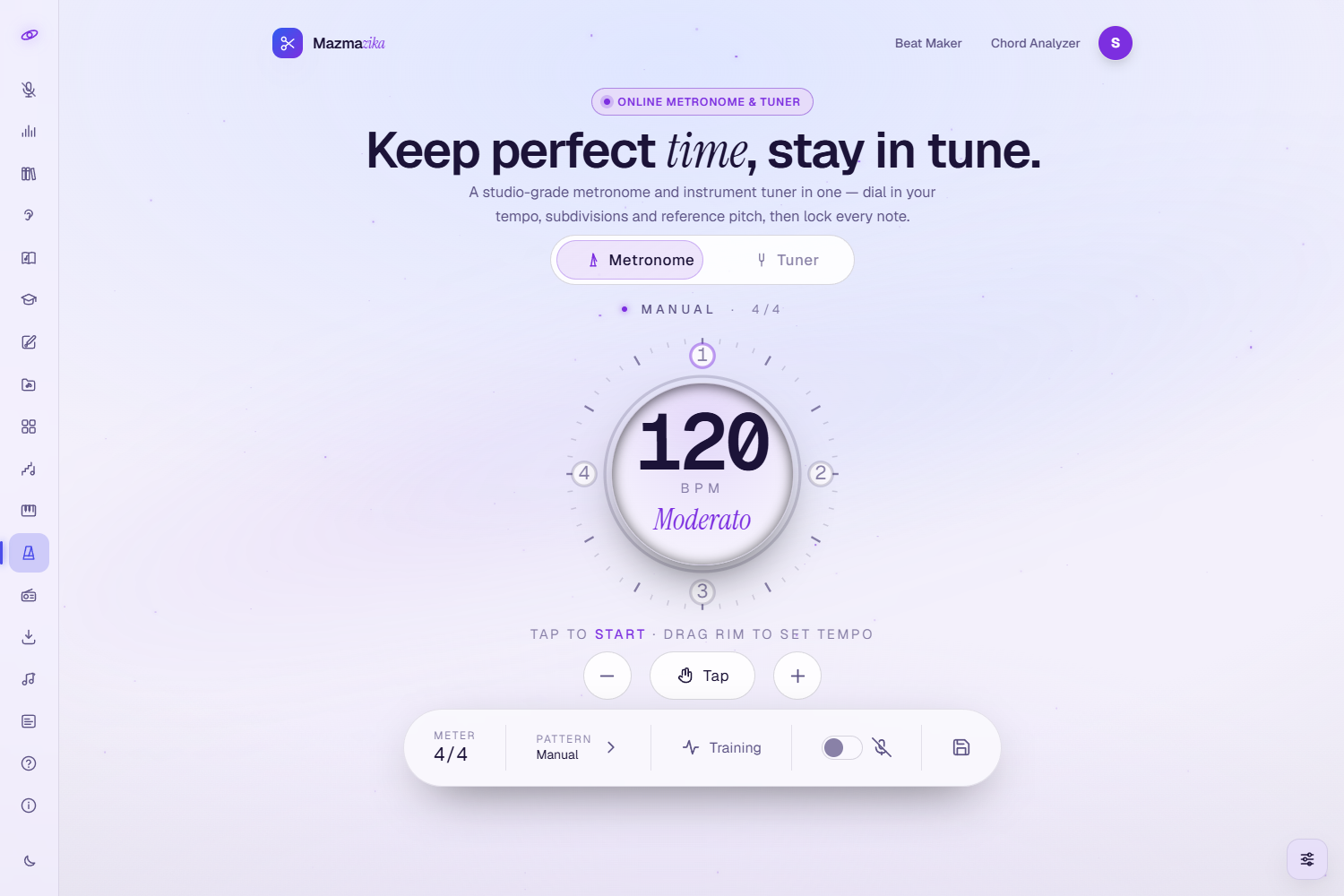 The Metronome: a hero 'Keep perfect time, stay in tune', Metronome / Tuner mode tabs, a large circular tempo dial showing 120 BPM 'Moderato', a minus / Tap / plus row, and a dock with Meter (4/4), Pattern, Training, a voice toggle and a save button.