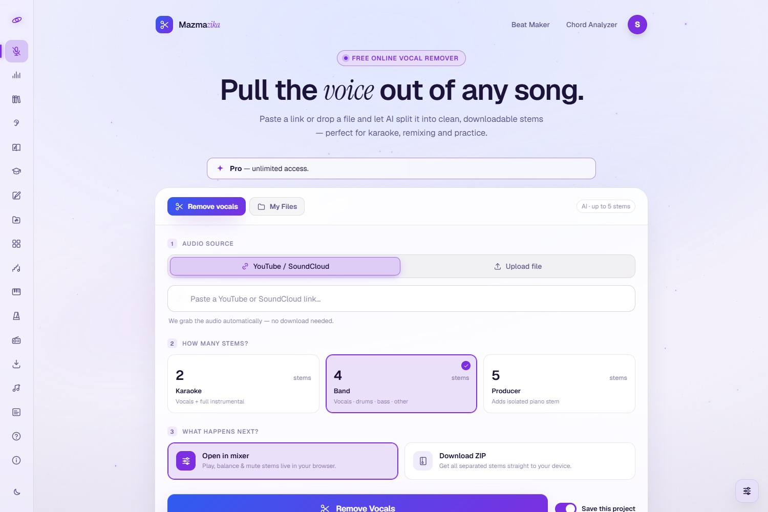 The Vocal Remover input page: a hero reading 'Pull the voice out of any song', a plan bar, the Remove vocals / My Files tabs, an audio-source toggle (YouTube / SoundCloud or Upload file), the 'How many stems?' choice (2 Karaoke, 4 Band, 5 Produce), a 'What happens next?' choice (Open in mixer or Download ZIP), and a Remove Vocals button with a Save this project toggle.