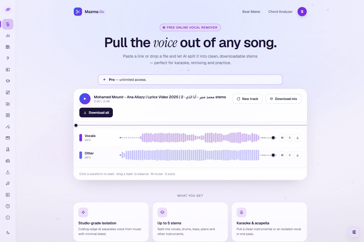 The Vocal Remover mixer inside the page: the song header with New track, Download mix and Download all buttons, a play control and seek bar, and per-track rows (Vocals, Other) each with a waveform, volume fader, mute, solo and a download button.
