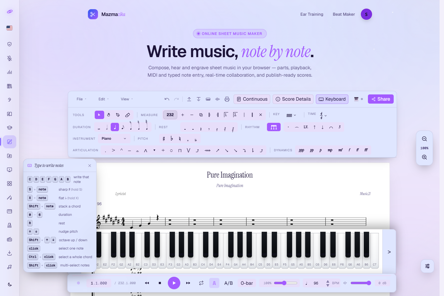 The Notes Editor with the on-screen piano dock open across the bottom — five octaves of clickable keys under the score, with the Keyboard topbar pill active.
