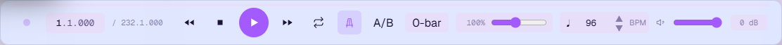 The transport bar: record dot, position read-out 1.1.000 of 232.1.000, rewind, stop, play and forward buttons, loop, metronome, A/B loop, 0-bar count-in, a 100% speed slider, a BPM stepper at 96, and a volume slider with a dB read-out.