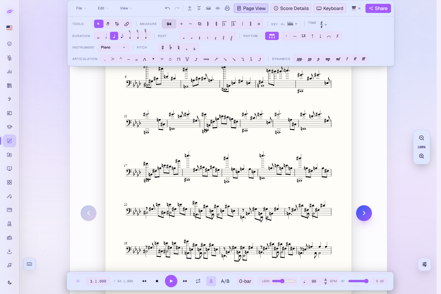 Page View: an A4 page of engraved music with the Page View pill active in the topbar, round previous/next page arrows on both sides, and the floating zoom control on the right.