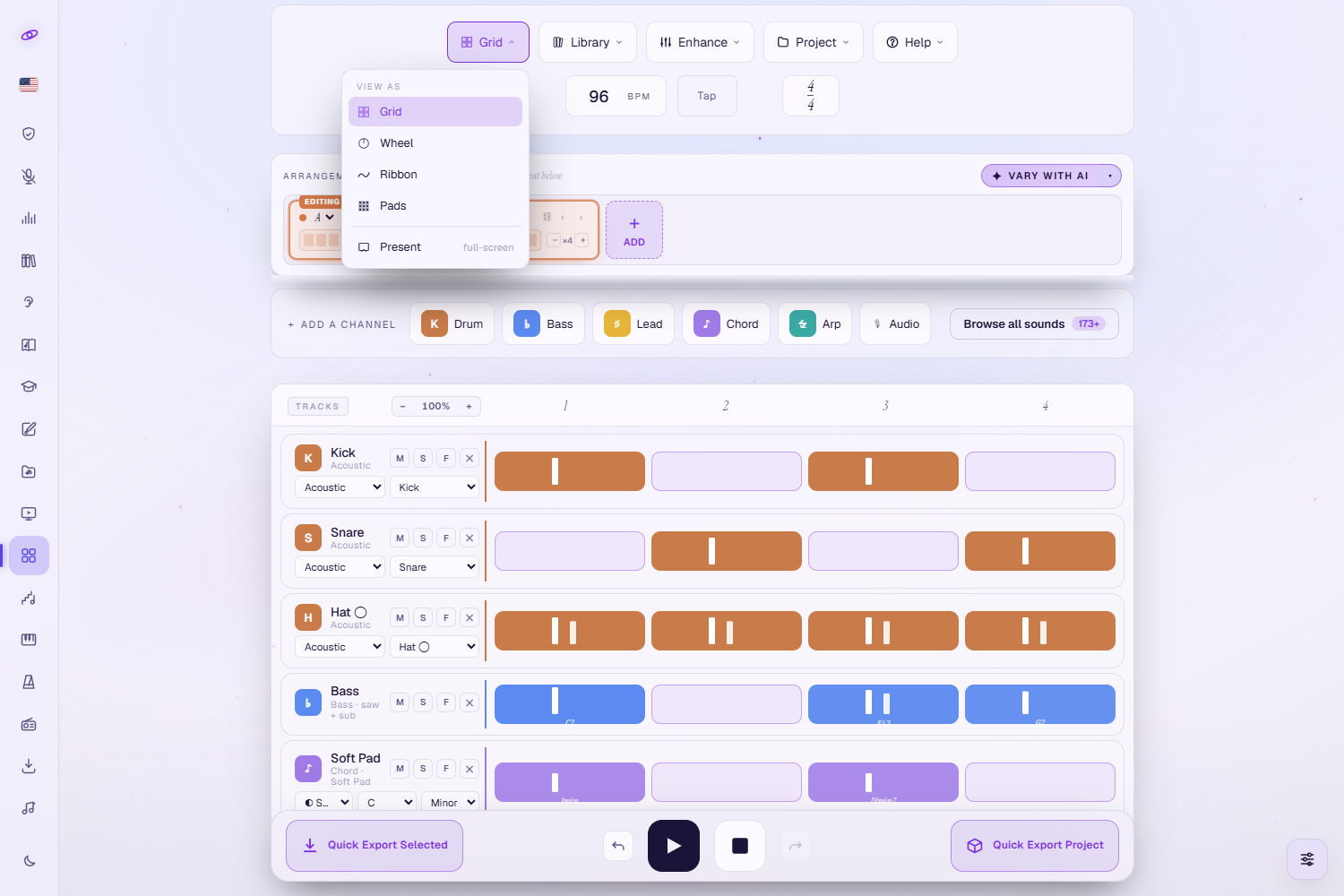 The View menu open over the studio, listing Grid, Wheel, Ribbon and Pads under 'View as', plus a Present (full-screen) option below a divider.