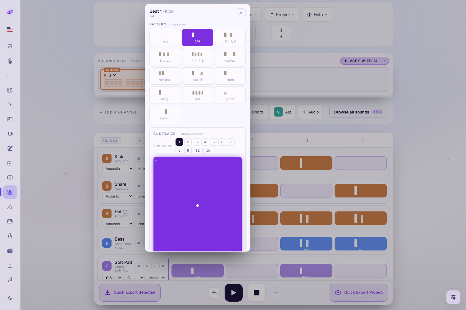 The cell editor popover open on Beat 1 of the Kick channel: a Pattern section with quick presets (rest, 1/4, 2 × 1/8, triplet, 4 × 1/16, gallop, reverse gallop, dotted 1/8, flam, drag, roll, ghost, syncopate), and a Customize section with Subdivide slot buttons 1–16 above a large editable beat slot.