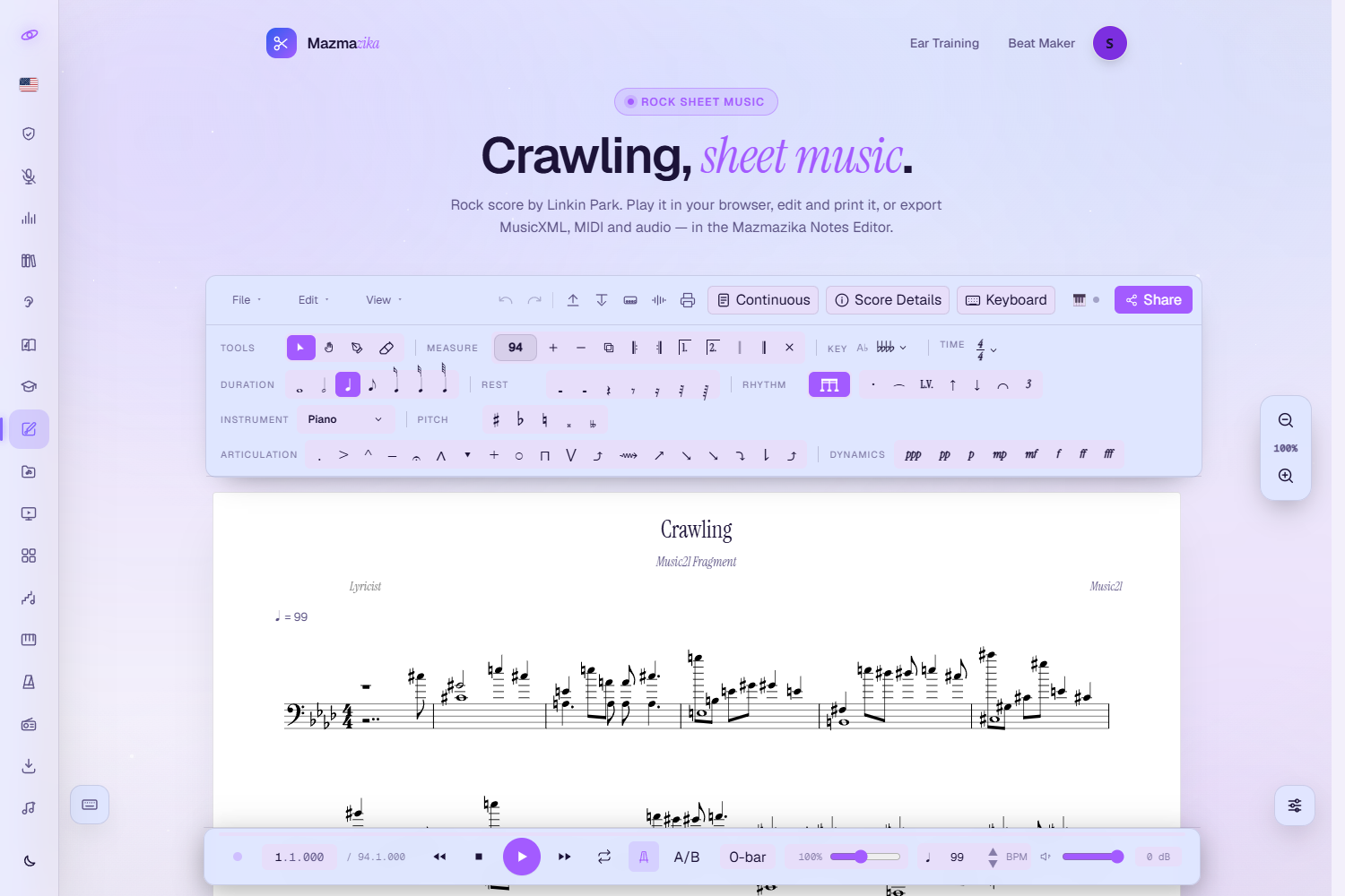 The Notes Editor: menu bar with File, Edit and View menus, undo/redo and import/export icons, Continuous toggle, Score Details, Keyboard and Share; the palette rows (Tools, Measure, Key, Time, Duration, Rest, Rhythm, Instrument, Pitch, Articulation, Dynamics); an engraved score; the floating zoom control; and the bottom transport bar.