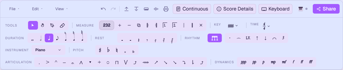 The palette: Tools, Measure with a bar-count field, Key and Time pickers, Duration and Rest rows, Rhythm cluster, Instrument picker, Pitch accidentals, Articulation marks and Dynamics from ppp to fff.